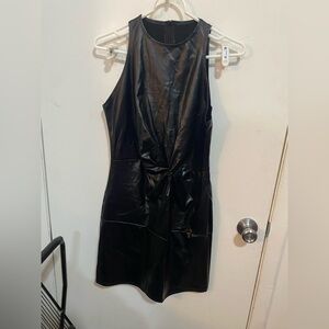 Sleeveless Black Faux-Leather Knot-Front Mini Dress